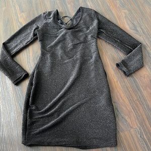 Black shimmery, open back, long sleeve, bodycon mini dress size S
